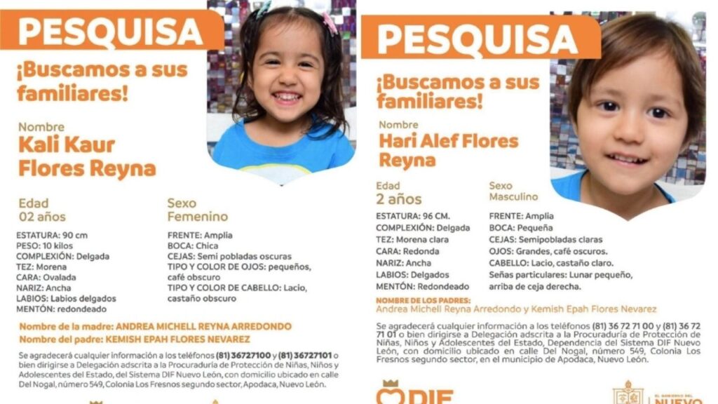 DIF Nuevo León revisará bienestar de Hari y Kali, menores sustraídos Fichas de búsqueda de familiares de los menores Hari Alef y Kali Kaur Flores Reyna difundidas por DIF Nuevo León