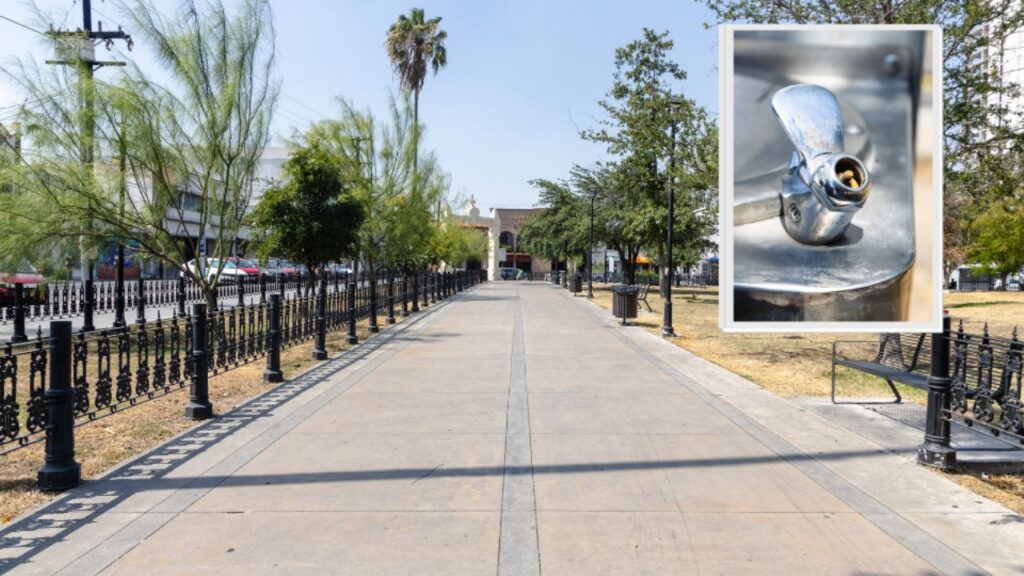 Canícula exhibe falta de bebederos y sombra en Monterrey Bebedero público fuera de servicio en plaza del centro de Monterrey durante la canícula 2026