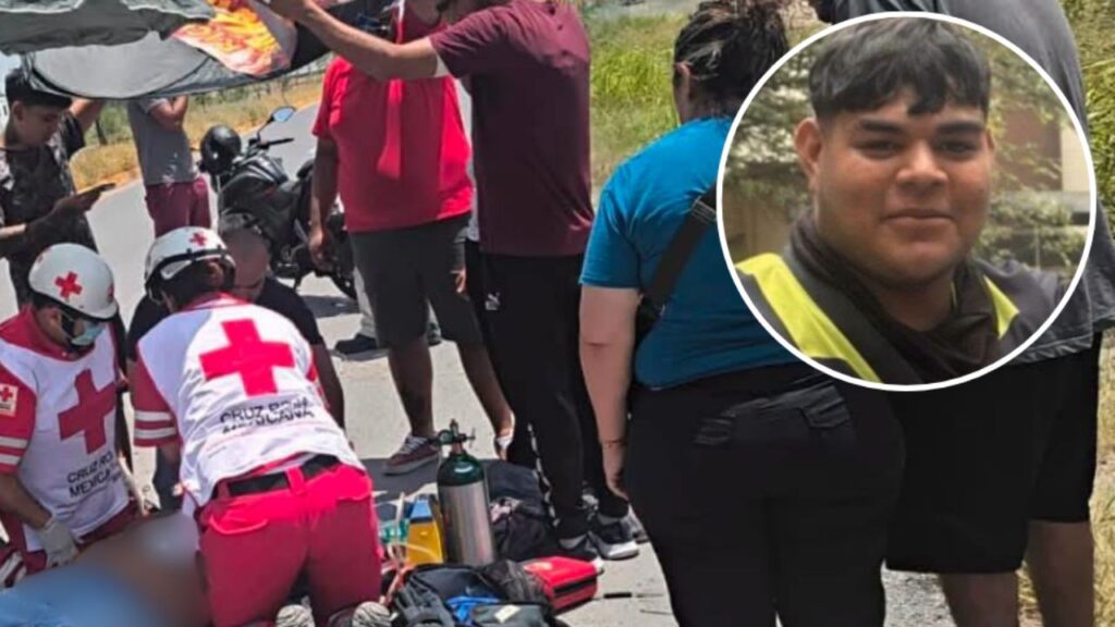 Escena de accidente vial donde un motociclista colisionó contra una pipa de agua municipal en avenida Paseo de la Amistad, Escobedo