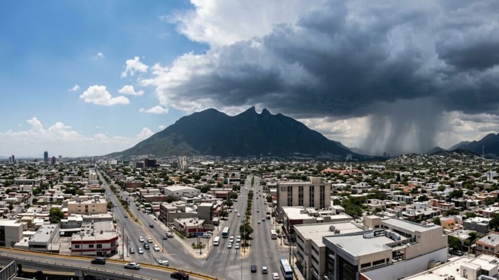 Chubascos en Nuevo León: prevén lluvias mañana pese a canícula Cielo nublado con nubes de lluvia sobre el área metropolitana de Monterrey durante la temporada de canícula
