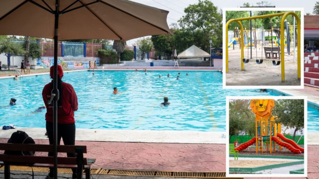 Familias disfrutan de albercas en parques de Nuevo León durante el calor extremo de verano