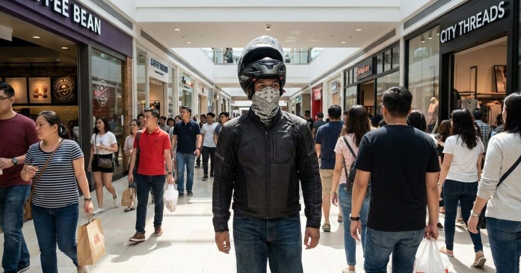 Motociclista con casco frente a comercio en Nuevo León donde se propone prohibir el ingreso con casco