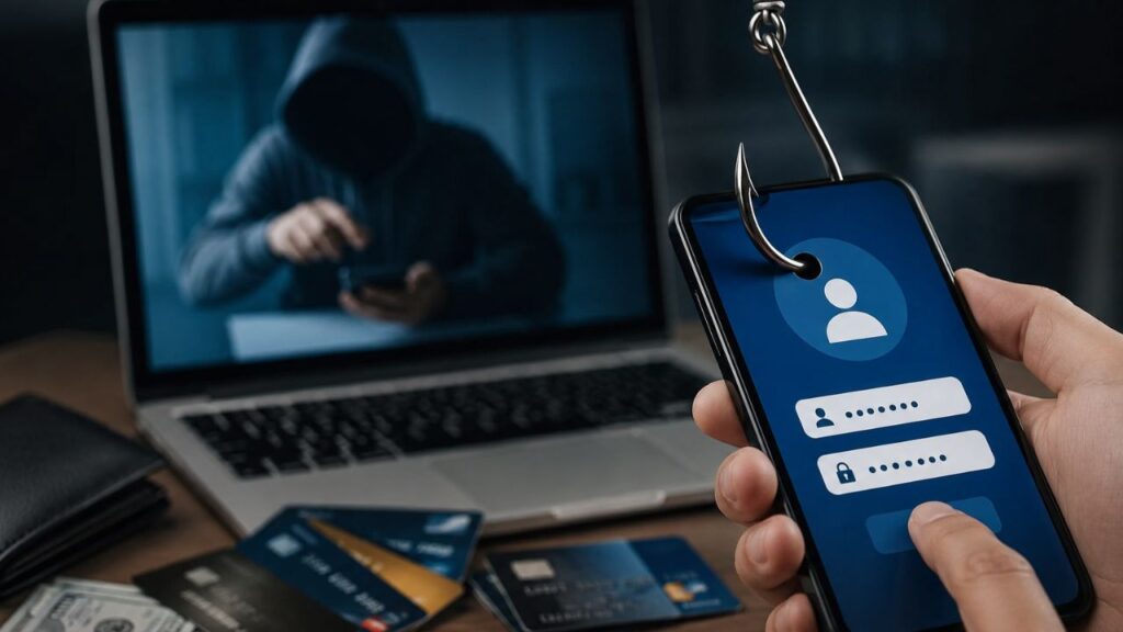 Persona utilizando computadora en riesgo de phishing y fraude cibernético en Nuevo León