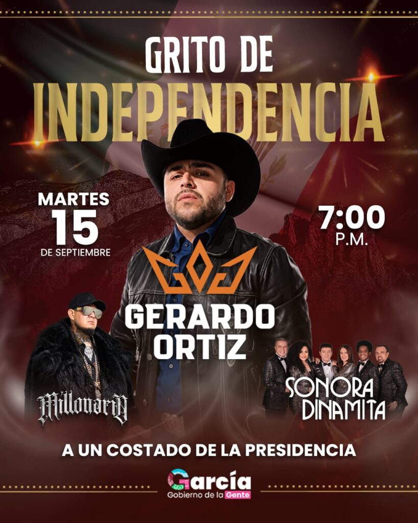 Escenario preparado para el concierto del Grito 2026 en la explanada de la Presidencia Municipal de García